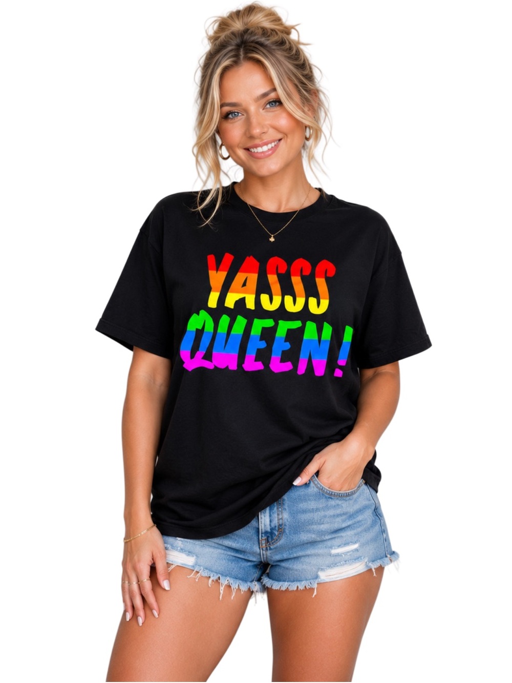YASSS QUEEN! Rainbow Graphic Black Tee